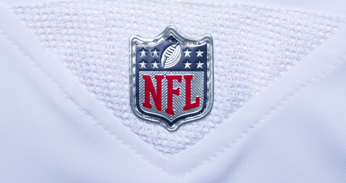 February 21, 2024 Ocala, Florida the logo of the brand NFL National Football League stitched emblem isolated on white background. Badge as seen on all jersey shirts on all teams