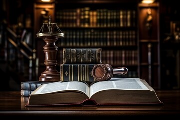 Serious judges gavel and legal book on wooden table in courtroom for legal concept