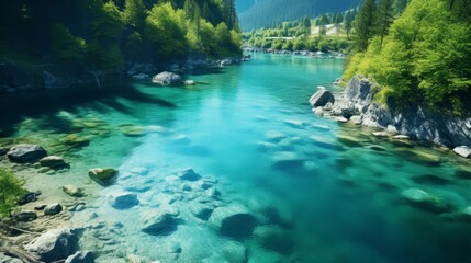 Serene top down view of clear white water reflecting sunlight against lush green leaves