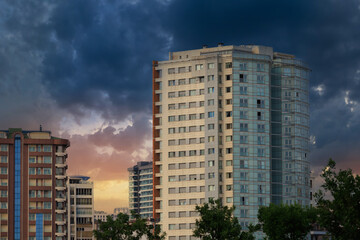 View of buildings and houses in public places in Turkey, sunny summer day