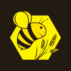 Striped bee, yellow honeycomb and flower. Design for the production and sale of honey