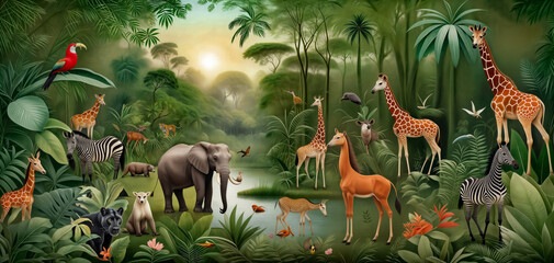 Jungle, tropical illustration. Tiger, parrots, giraffe, panther, zebra, elephant ,palm trees, flowers. Safari wild African animals. Amazon forest on wallpaper for kids room, interior design. mural art