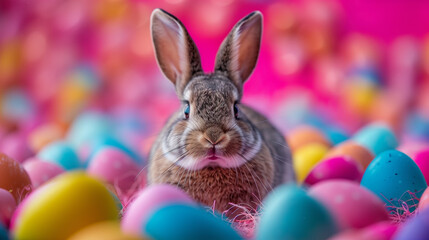 High-end commercial photo of a Comical rabbit wearing sunglasses and carrying Easter eggs