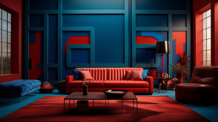 A modern living room with a striking blue and red color blocking pattern on the walls