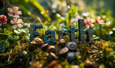 Fototapeta premium The word Earth emerges in vibrant blue letters adorned with moss and small flowers, set amidst a lush background of greenery and walnut seeds, symbolizing environmental awareness and nature's growth