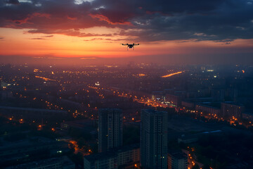 Fototapeta premium Copter drone over city at sunset or sunrise. Neural network generated image. Not based on any actual scene or pattern.