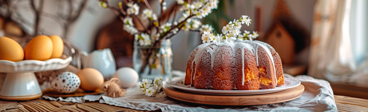 Beautiful Easter cake and eggs on the table. Selective focus.