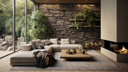 A modern living room with biophilic design that includes a cozy sofa, a natural stone fireplace, and plenty of plants