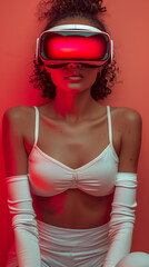 Latina woman wearing virtual reality headset to meet up with her lover online in the metaverse, future of relationships VR concept