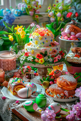 Fototapeta na wymiar Beautiful Easter cake and eggs on the table. Selective focus.
