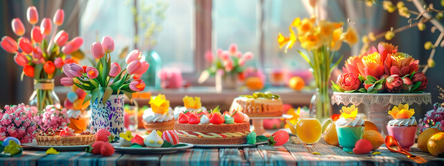 Beautiful Easter cake and eggs on the table. Selective focus. - obrazy, fototapety, plakaty