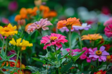 A colorful garden of flowers with a variety of colors including pink, yellow