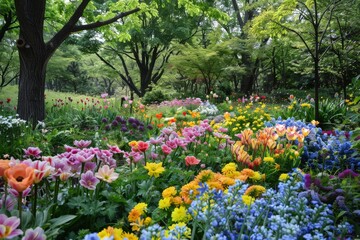 A field of flowers with a variety of colors including pink, yellow, blue