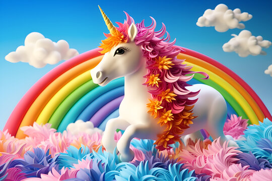 Unicorn on rainbow background, Fantasy illustration, Ai Generated