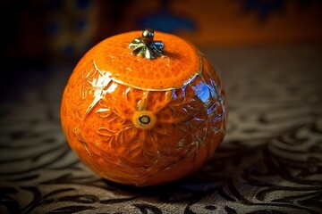 Porcelain Orange Fruit. The bright orange color contrasts with the natural wood tones of the table