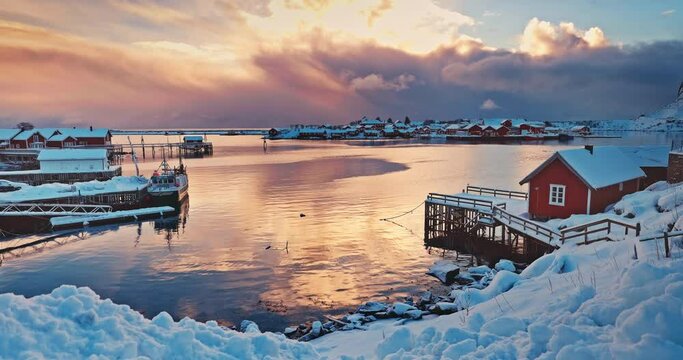 Color sunrise over Lofoten islands, Norway, coast with red houses fishing village and mountains, panorama landscape video