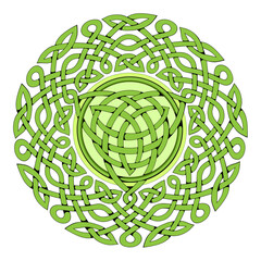Celtic knot pattern. Fantasy Celtic magic sign drawing. Ethnic print for logo, icon, tattoo, jewelry, badge. Green geometric circle decoration. Ancient Irish symbol. Flat vector illustration.