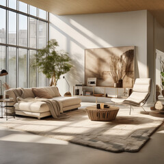 A modern living room featuring a comfortable seating area, and an area rug 