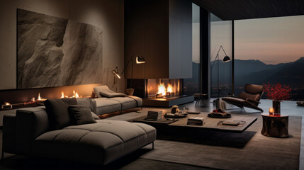 A modern living room with a dramatic lighting fixture creating a unique atmosphere - obrazy, fototapety, plakaty