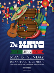Cinco de Mayo poster with number five shaped wooden signboard, sombrero and donkey pinata. Cinco de Mayo flyer with pennants and star pinatas