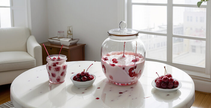 An object photo shoot, glass jars with yogurt and cherries on a round marble white table, in a bright interior, an expensive image, a healthy breakfast. Generative AI.