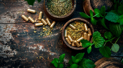Supplements and herbs on a wooden background. Selective focus.