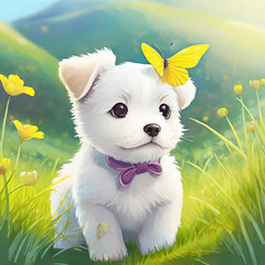 Puppy with a yellow butterfly on its head, illustration.