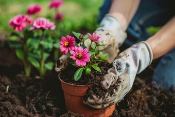 A person is planting a pink flower in a pot