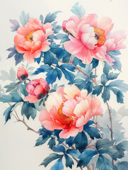 Beautiful colorful peony flowers watercolor illustration isolated