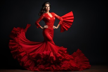 Elegant brunette in vibrant red tango dress exuding passion through graceful dance movements