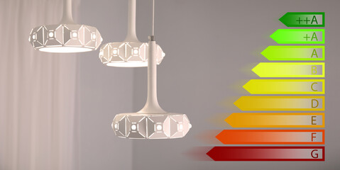 Energy efficiency rating label and pendant lamp indoors, banner design