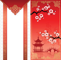 Chinese new year greeting banners set. Traditional elements ornaments, Chinese lights and sakura. Traditional east building, bridge. Design elements of calendar, invitation, booklet - 750169119