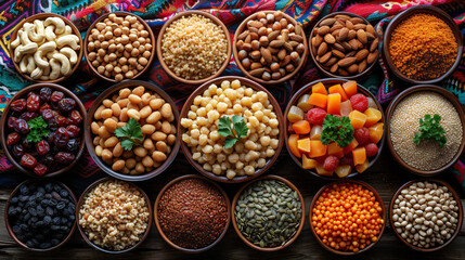 Assorted nuts, seeds, and dried fruits in bowls. A vibrant display of healthy, organic snacks. This image is perfect for: health food, nutrition, organic snacks, vegan diet.