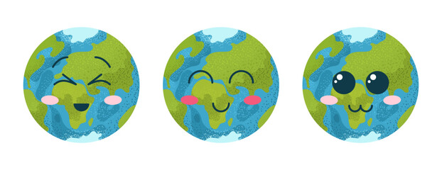Happy Earth Day. Set of flat emoji planet Earth. Bundle with mascot Earth icons with faces. isolated vector illustrations on white background. Cartoon vector clip art with kawaii planet.