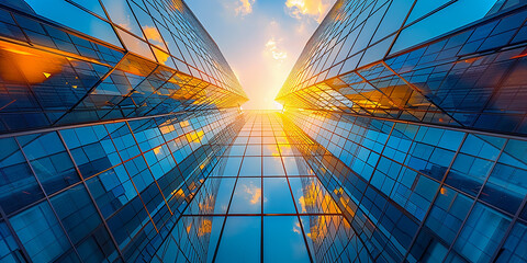 palazzo per  uffici moderno con cielo blu e facciate di vetro. Economia, finanze, concetto di attività commerciale, visto dal basso verso l'alto