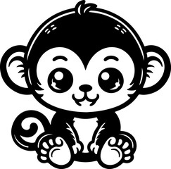 Obraz premium Cute baby monkey black outline vector illustration. Coloring book for kids.