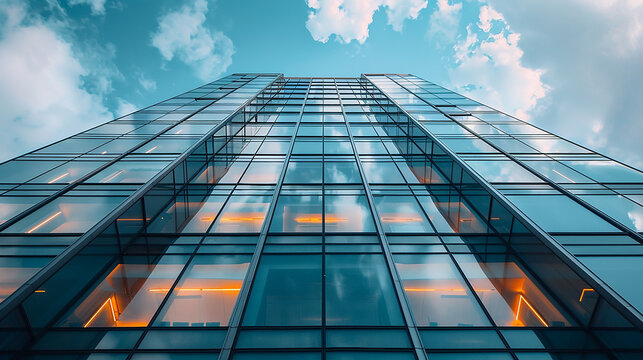 palazzo per  uffici moderno con cielo blu e facciate di vetro. Economia, finanze, concetto di attivit&agrave; commerciale, visto dal basso verso l'alto