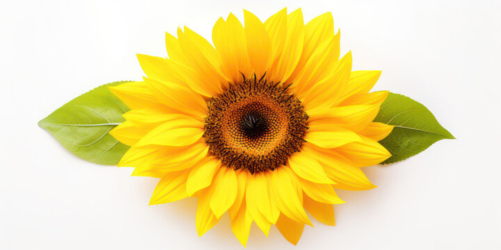 Vibrant Sunflower Blossom in Bright Summery Nature: Yellow Beauty, Orange Petals, and Green Leaves Against White Background