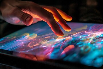 A hand is touching a tablet screen with a colorful background