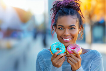 African American Woman Holding Colorful Donuts Outdoors. Young Woman Eating Delicious Donuts. Lifestyle Concept