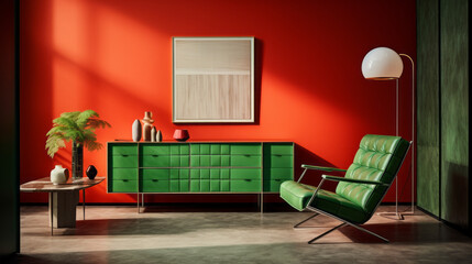 A modern living room with a bright green and red color block design on the walls