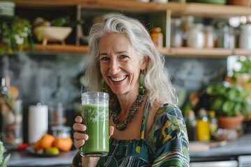 A woman is smiling and holding a green smoothie in a glass - Powered by Adobe