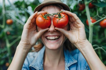 A woman is holding two tomatoes in her hands and smiling