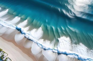 Top view of a green and blue ocean waves on a beach