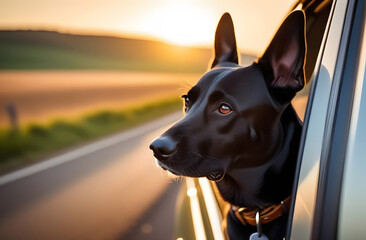 A black dog, observes the road from the moving car's window on a sunrise. 