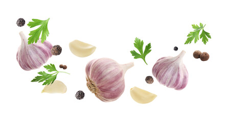 Fresh garlic, peppercorns and parsley falling on white background