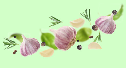 Fresh garlic, peppercorns and rosemary falling on green background, banner design