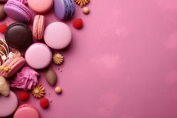 Fototapeta na wymiar Assorted colorful macarons and berries on pink