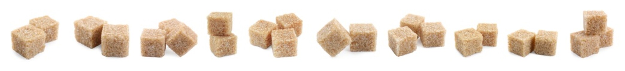 Brown sugar cubes isolated on white, set