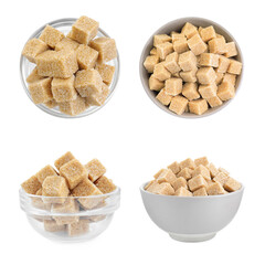 Brown sugar cubes in bowls isolated on white, top and side views